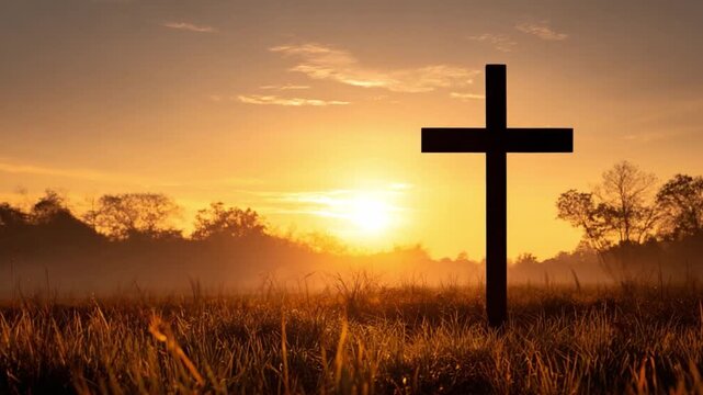 Silhouette of Hope: A solitary cross stands silhouetted against a breathtaking sunrise, symbolizing faith, sacrifice, and the promise of redemption in a tranquil field.