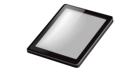 A tablet device with a blank white screen is displayed on a black background in a studio shot on transparent background