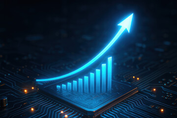 Tech stock parabolic growth digital circuit rising bar chart arrow glowing in futuristic technology chip illustrating rapid innovation and financial momentum