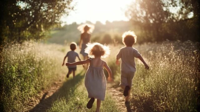 Joyful Chase in the Golden Hour: A group of children, filled with boundless energy, frolic along a sun-drenched path in a field. Their silhouettes dance against the golden light of the late afternoon.