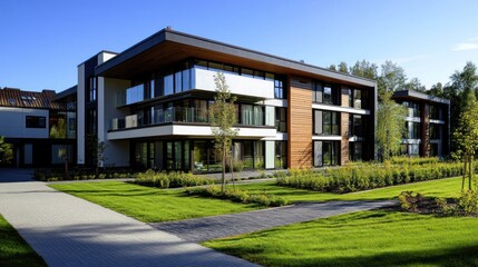 Modern apartment complex, sunny day, landscaped grounds, residential area