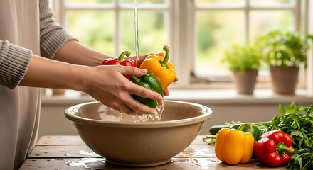 Woman Washing Fresh Bell Peppers in Kitchen Sink. A person is cleaning and preparing colorful bell peppers and other vegetables under running water in a bright home kitchen.