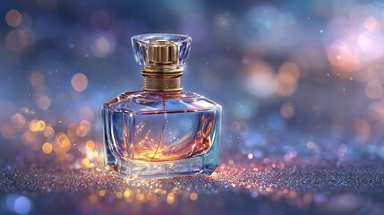 Vibrant glass perfume bottle on reflective surface with colorful bokeh lights elegant beauty fragrance mockup for branding advertising and social media with copy space