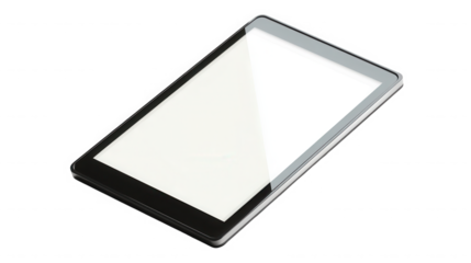 A tablet device with a blank white screen resting on a black surface at a slight angle view on transparent background