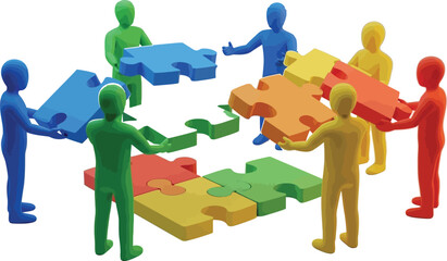 Colorful figures collaborate to complete a jigsaw puzzle in a team effort