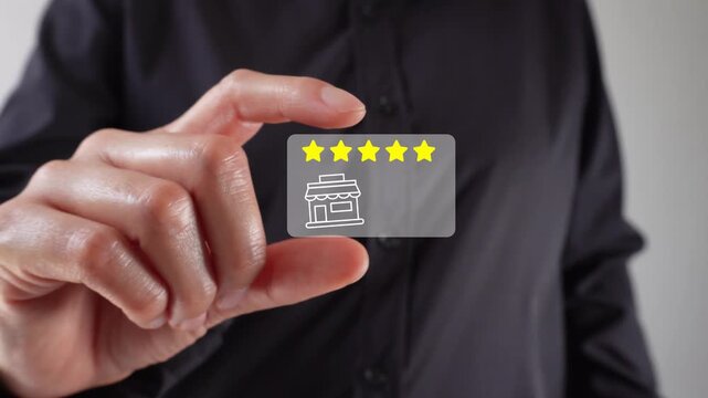 Person holding a five-star local service evaluation icon between two fingers
