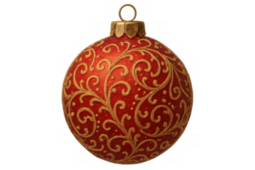 Festive red christmas bauble featuring intricate gold filigree, perfect for holiday season designs with its transparent background