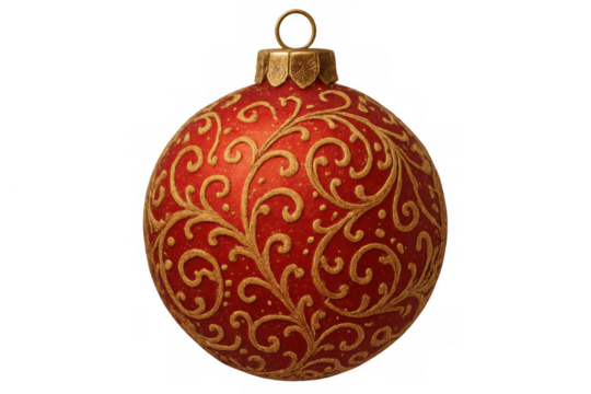 Festive red christmas bauble featuring intricate gold filigree, perfect for holiday season designs with its transparent background
