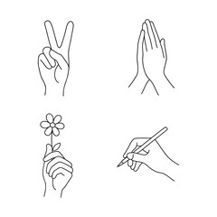 Line Art Hands Gestures Peace Sign, Praying, Holding Flower, Writing with Pen