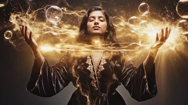 Fantasy Magic Energy Interaction - A woman interacts with glowing fantasy bubbles in a dark setting, seemingly receiving magical energy.