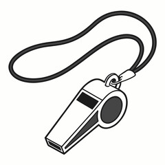 Black and white illustration of a sports whistle with a lanyard on white referee