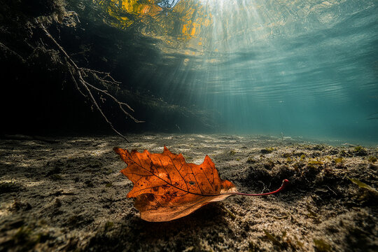 A fallen autumn leaf drifting underwater, carried by the current