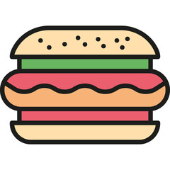 Stylized Hamburger Icon with Beige Bun Green Lettuce Red Tomato and Orange Patty on Transparent Background Isolated Vector Art