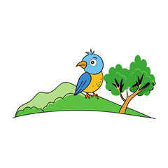 Cute cartoon blue and yellow bird perched on green grassy hill next to a tree isolated on white background isolated on transparent background