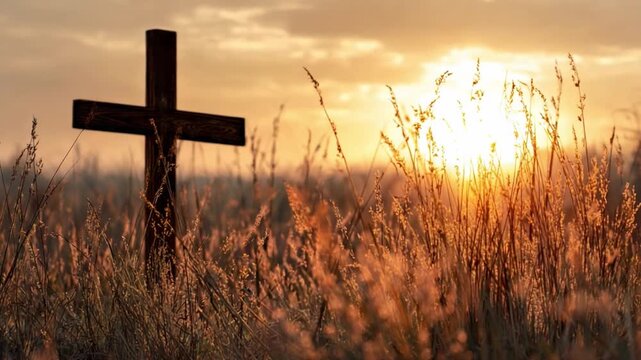 Sunset Devotion: A solemn wooden cross stands silhouetted against a radiant sunset sky, offering a visual representation of faith, hope, and spiritual reflection.