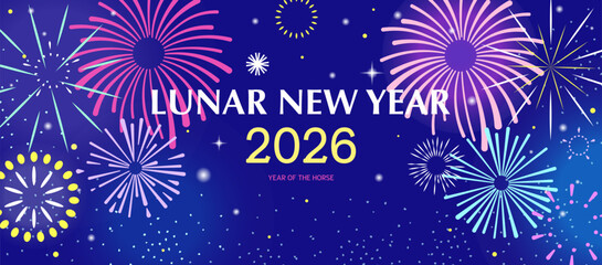 Lunar New Year 2026 Fireworks Banner. Chinese New Year Greeting with Colorful Fireworks on Night Sky Background. Festive Asian Korean Japanese Celebration Card Template Design.
