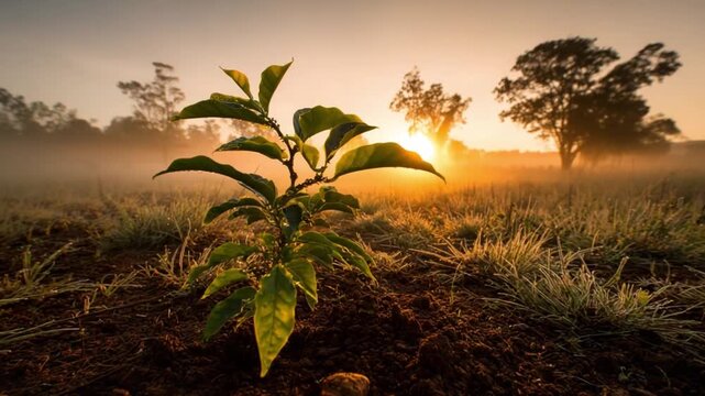 New Dawn: A small sapling emerges from the earth, reaching towards the golden light of the rising sun, in a scene of renewal and hope.