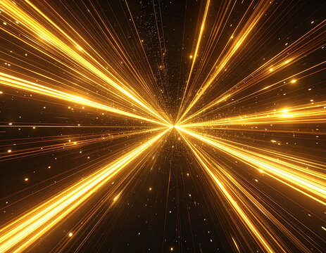 Hyperspace jump effect featuring radiating golden light trails, abstract portal or gateway background