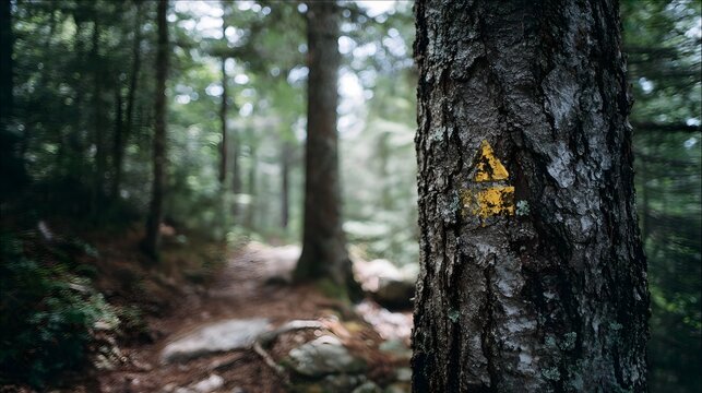 A yellow trail marker on a tree trunk guides hikers along a path through a dense green forest