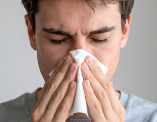 hands holding a white tissue to their nose. cold, flu, or allergy symptoms