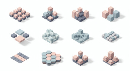 Set of Isometric Geometric Block Formations in Pastel Palette Versatile 3D Designs for Abstract Architecture, Data Visualization, and Conceptual Urbanism