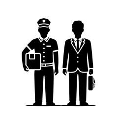 Delivery man with box and businessman with briefcase outline illustration white