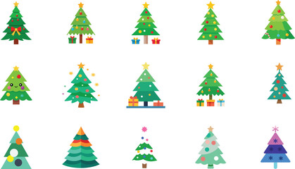 Silhouette Christmas tree icon set featuring festive pine shapes isolated on white.