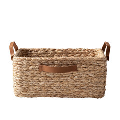 Woven rectangular basket with leather handles, natural light