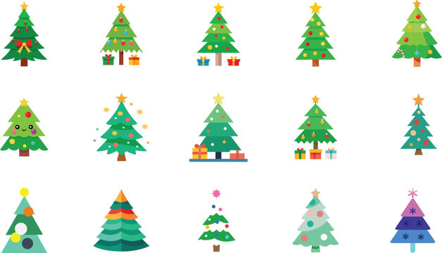 Silhouette Christmas tree icon set featuring festive pine shapes isolated on white.