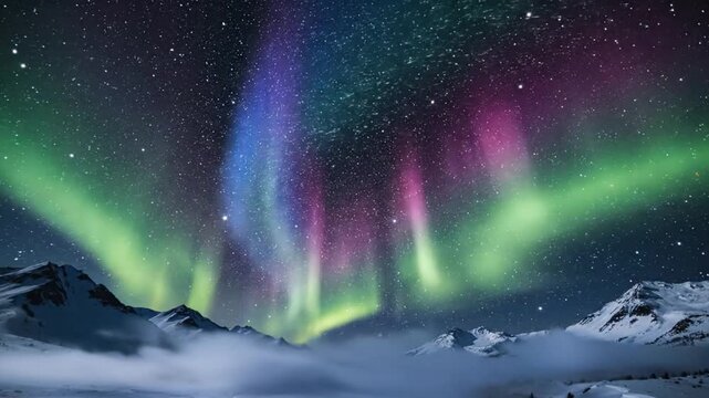 Spectacular Aurora Borealis Dance A Colorful Display of Northern Lights Over Snowy Peaks