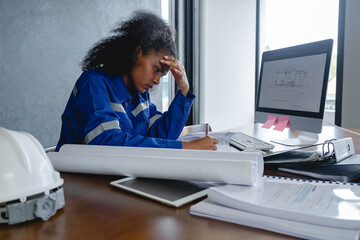 Female engineer wearing uniform sitting with blueprints and computer appearing stressed or tired...