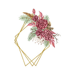 Burgundy roses, pine branches, cones, dry twigs, leaves, dried flowers, feathers arranged in a geometric frame. Watercolor illustration for Christmas and New Year decor. Isolated from the background.