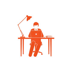 Person working on a laptop at a desk with a lamp graphic design