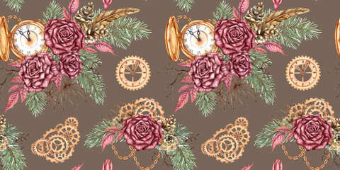Burgundy roses, fir branches, cones, chains, gears, clocks seamless pattern watercolor illustration. Earth tone isolated. Vintage steampunk Christmas and New Year design for wrapping paper, textiles, 