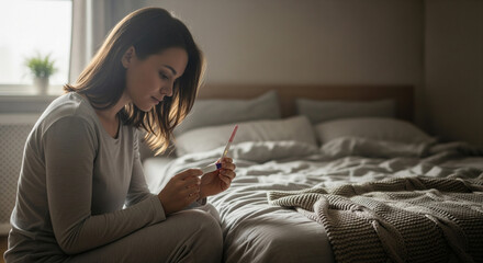 Young woman holding a pregnancy test in a softly lit bedroom