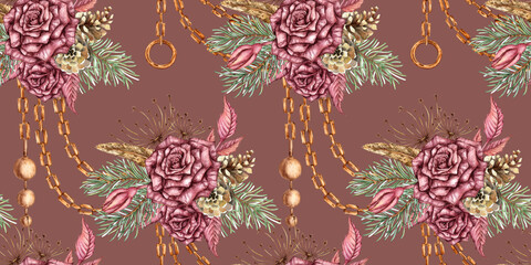 Burgundy roses, fir branches, cones, dry branches, dried flowers, leaves and chains - seamless pattern, watercolor illustration. Isolated dark pink, suitable for Christmas and New Year wrapping paper,