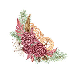 Burgundy roses, bud with pine branches, dried flowers, cones, feather and gears watercolor illustration. Winter flower arrangement for Christmas and New Year decor. Bouquet isolated from background.