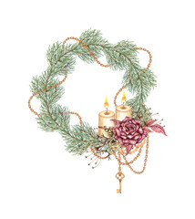 Wreath of burgundy roses, fir branches, cones, chains, key, gear pendants and candles. Watercolor illustration in steampunk style for Christmas and New Year decor. Isolated from background.
