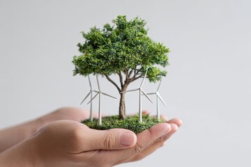 Cupped hands support miniature ecosystem featuring healthy foliage and clean energy turbines