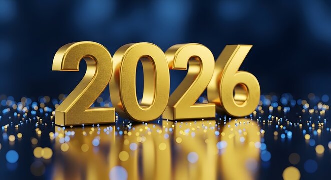 Golden 2026 numbers gleam on a reflective surface with a blue bokeh background, symbolizing a bright and prosperous new year filled with success and opportunity