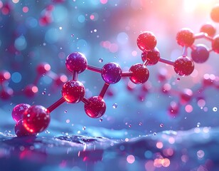 Abstract molecular structure with water droplets, glowing effect