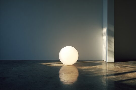 Illuminated spherical object rests on polished concrete floor inside minimalist space