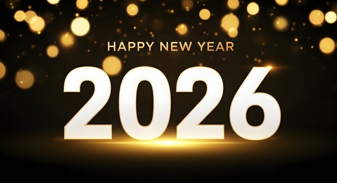 Happy new year 2026 is displayed in bold white letters with a golden glow against a dark background with bokeh lights, creating a festive atmosphere