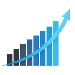 Upward trending bar graph with a blue arrow indicating growth chart