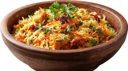 Delicious rice dish with meat and veggies in wooden bowl, close-up view