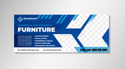 commercial and residentioal furniture banner template design. multicolored blue gradient on element and backgroud combined with white color. diagonal and arrowshape for photo space. horizontal layout 