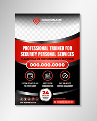 Professional Trained for security personal service flyer template design. vertical layout with space for photo. vector illustration use combination red, white, grey, and black colors.