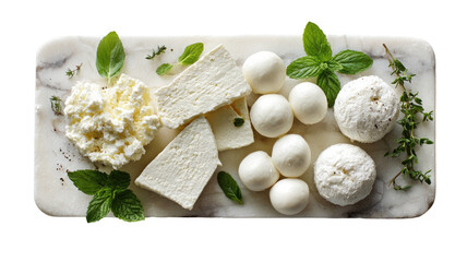 Assorted soft cheeses with herbs on a marble slab, aerial view
