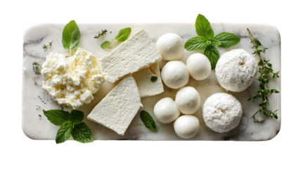 Assorted soft cheeses with herbs on a marble slab, aerial view