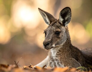 Fototapeta premium An adult marsupial resting on leaves, with a blurred, golden background